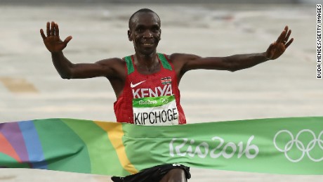 Eliud Kipchoge of Kenya takes gold in the men&#39;s marathon on the final day of the Rio Olympics. 