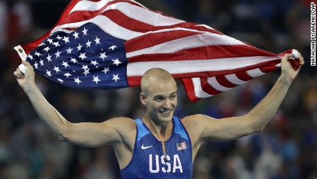 Bronze medal winner United States&#39; Sam Kendricks celebrates after the final of the men&#39;s pole vault during the athletics competitions of the 2016 Summer Olympics at the Olympic stadium in Rio de Janeiro, Brazil, Monday, Aug. 15, 2016.