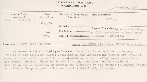 This 1928 National Woman's Party congressional voting card on a meeting with South Carolina Democrat Fred Dominick notes he opposes the Equal Rights Amendment, saying, "The normal woman knows her place."