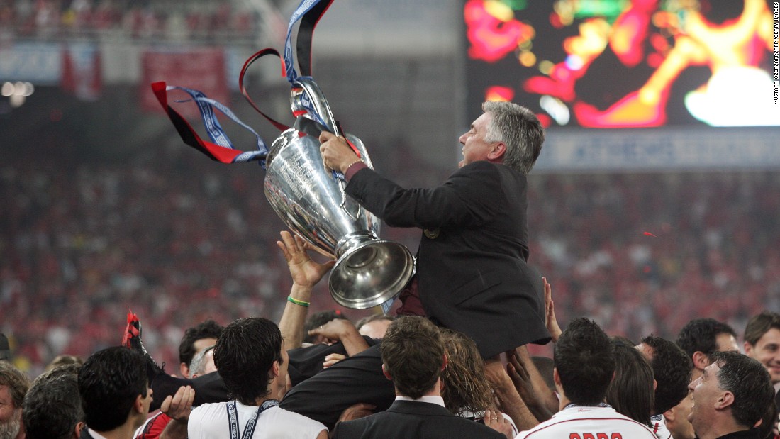 Ancelotti will largely be remembered at Milan for the two Champions League titles he brought the club -- in 2003 and 2007. Here, he celebrates the latter success, as Milan beat Liverpool in Athens to gain revenge for the dramatic 2005 final against the same opponents.