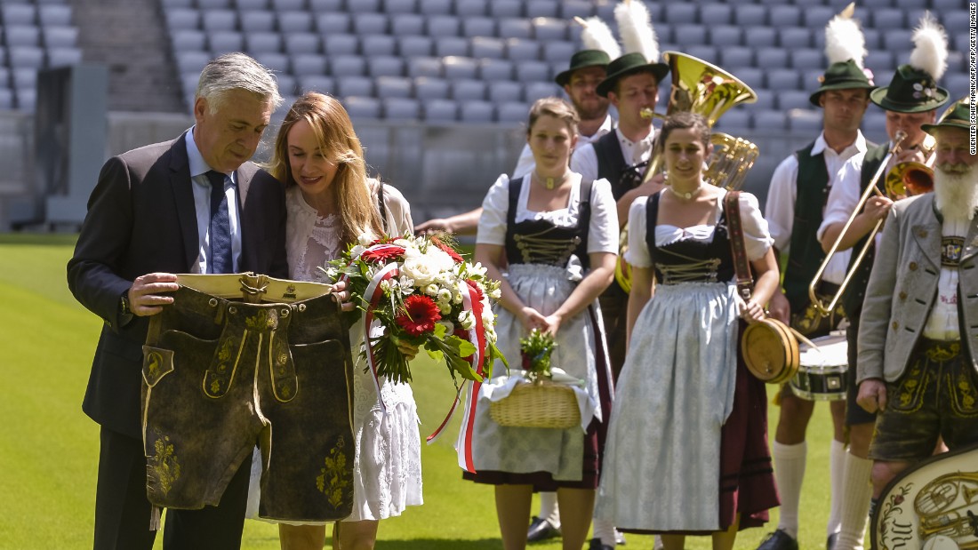 After his dismissal in only his second year at Real, Ancelotti took a break from football spending a year in Canada with wife Mariann, who he marred in 2014. Here, the pair inspect the traditional Bavarian lederhosen which they received in July as the Italian started work in his latest role at the serial German champion, Bayern Munich. 