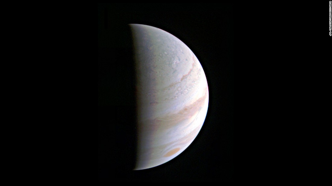 Jupiter&#39;s north polar region comes into view as NASA&#39;s Juno spacecraft approaches the giant planet. This view of Jupiter was taken when Juno was 437,000 miles (703,000 kilometers) away during its first of 36 orbital flybys of the planet. 