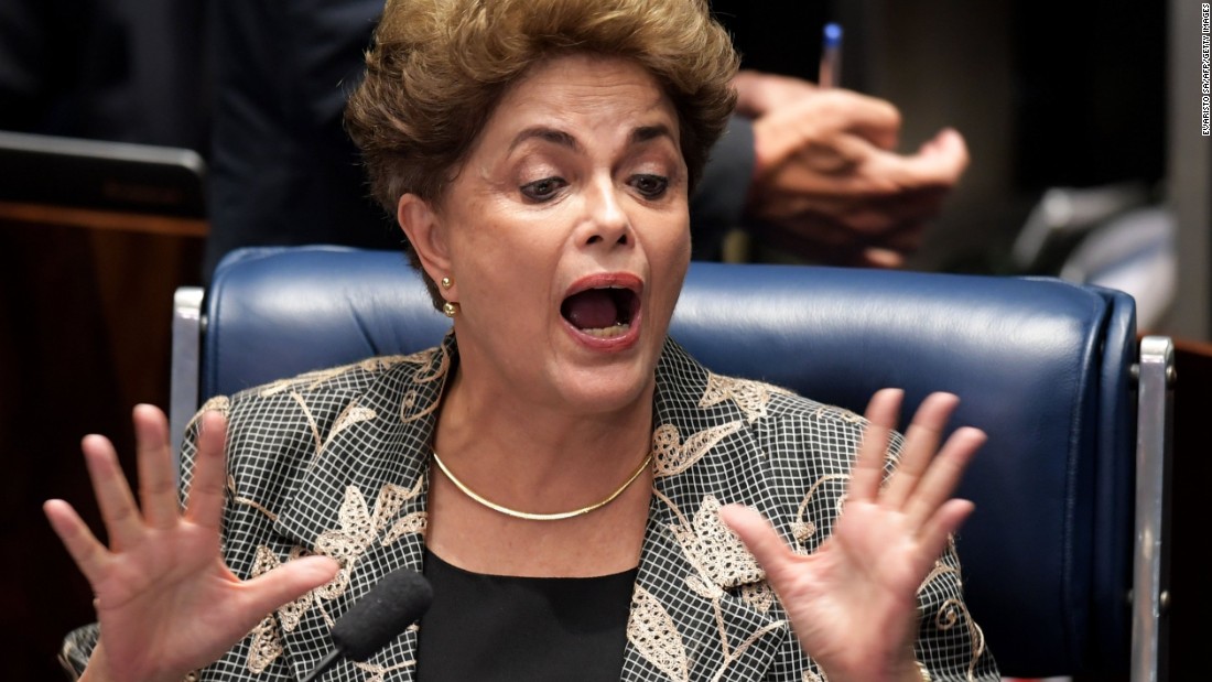 Rousseff gestures during her testimony during her impeachment trial at the National Congress in Brasilia on August 29, 2016.