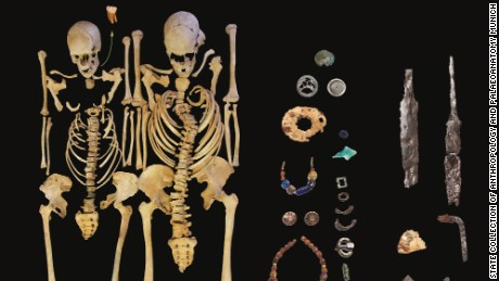 An adult woman&#39;s skeleton, left, and adult man&#39;s skeleton tested positive for the presence of Y. pestis. A third molar was sampled from the woman (see arrow) to sequence the bacterium&#39;s genome.