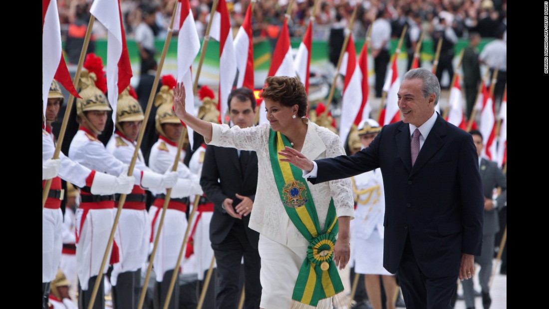 Dilma Rousseff is sworn in to her first term on January 1, 2011, becoming Brazil&#39;s first female president. She&#39;s seen here with running mate Michel Temer, who has now succeeded her as president.