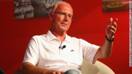 Franz Beckenbauer talks to the guests at the Allianz Arena.