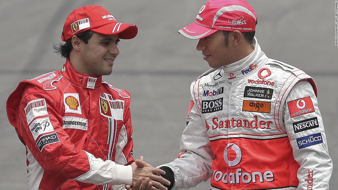 He would go on to enjoy his most successful period on the track with Ferarri, as the Brazilian clocked up 11 race wins and 36 podiums. Just a single point separated Massa from the championship in 2008 as he pushed McLaren&#39;s Lewis Hamilton (right) all the way.  