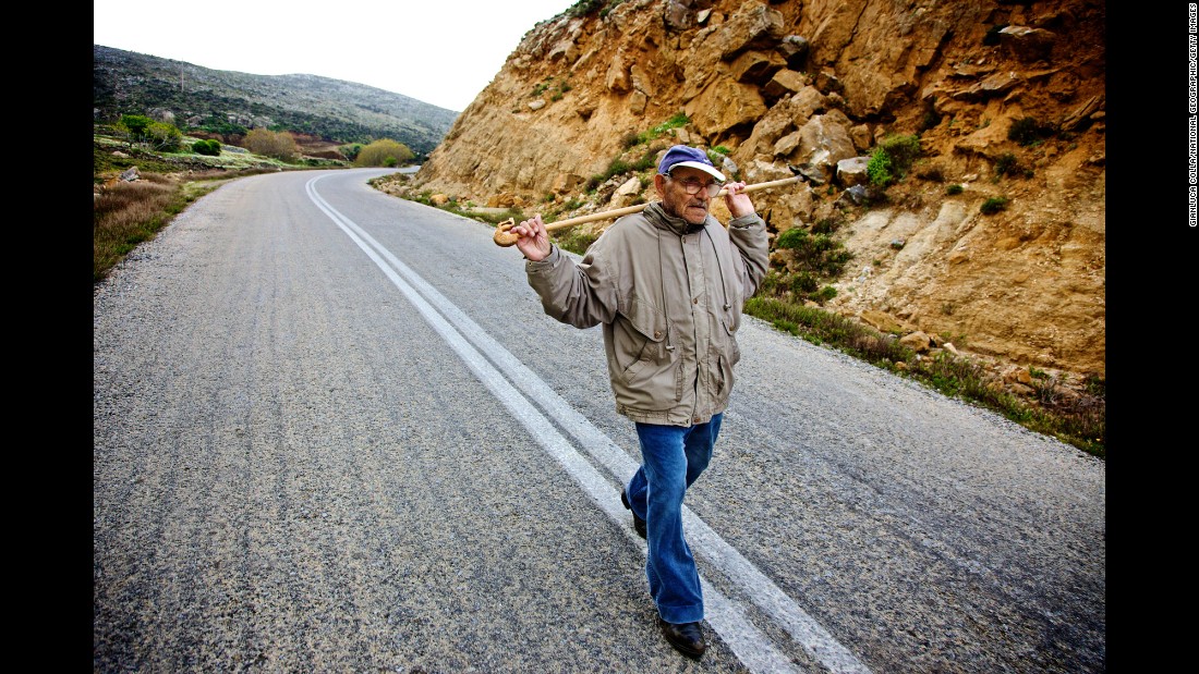 Active lifestyles in combination with healthy, balanced meals eaten early are revered as being the key to living a long and healthy life. Pictured, a 99-year-old man on a daily three-mile uphill walk to tend a herd of goats on Ikaria.
