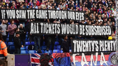 Crystal Palace fans  protest against rising ticket prices during an English Premier League in October 2015.