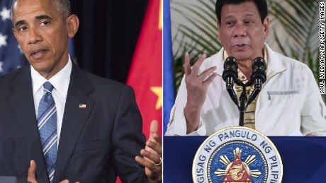 This combination image of two photographs taken on September 5, 2016 shows, at left, US President Barack Obama speaking during a press conference following the conclusion of the G20 summit in Hangzhou, China, and at right, Philippine President Rodrigo Duterte speaking during a press conference in Davao City, the Philippines, prior to his departure for Laos to attend the ASEAN summit. 

US President Barack Obama on September 5 called a planned meeting with Rodrigo Duterte into question after the Philippine leader launched a foul-mouthed tirade against him.
 / AFP / Saul LOEB AND MANMAN DEJETO        (Photo credit should read SAUL LOEB,MANMAN DEJETO/AFP/Getty Images)