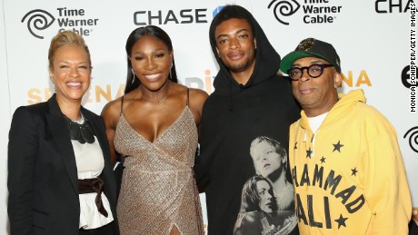Tonya Lewis Lee, Serena Williams and Director Spike Lee (far right) attend the EPIX New York Premiere of  &#39;Serena&#39; in June. 