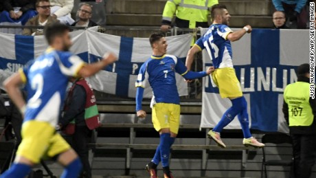Valon Berisha scored Kosovo&#39;s first goal in World Cup qualification, in the 1-1 draw with Finland.