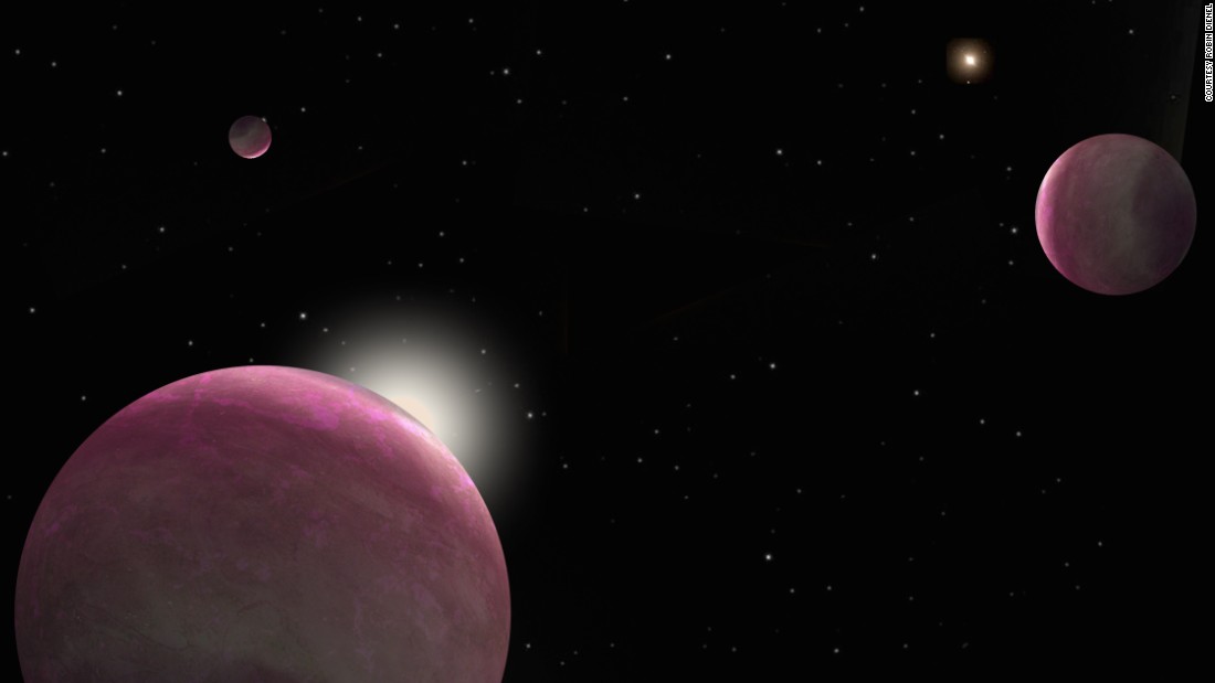 Artist&#39;s conception of the binary system with three giant planets discovered, where one star hosts two planets and the other hosts the third. The system represents the smallest-separation binary in which both stars host planets that has ever been observed.