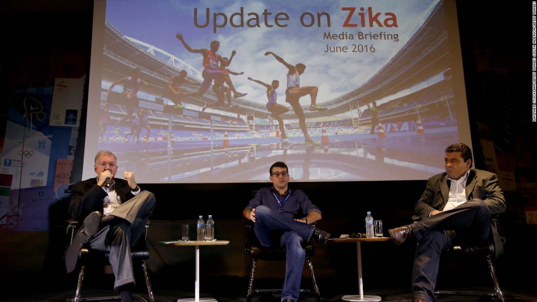 Rio 2016 Chief Medical Officer Joao Grangeiro, Municipal Secretary of Health Daniel Soranz and Sub-secretary of the State for Health and Surveillence Alexandre Chieppe field questions from the media during an International Media Briefing to address the Zika virus on Tuesday, June 7, in Rio de Janeiro.  