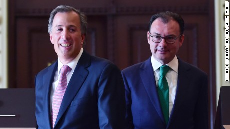 Mexico's resigning Secretary of Finance Luis Videgaray (R) and the new secretary Antonio Meade (L), during during a press conference at the Palacio Nacional in Mexico City on September 7, 2016.
Mexico's finance minister Luis Videgaray stepped down on Wednesday, a surprise move that follows his reported key role in Donald Trump's controversial meeting with President Enrique Pena Nieto.
 / AFP / ALFREDO ESTRELLA        (Photo credit should read ALFREDO ESTRELLA/AFP/Getty Images)