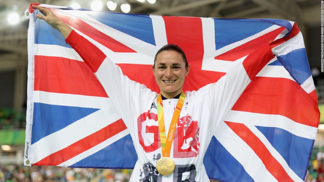 Sarah Storey celebrates the gold medal that made her the most decorated British female Paralympian in history. It was a Team GB one-two, as she beat fellow Briton Crystal Lane in the C5 3,000m individual pursuit final.