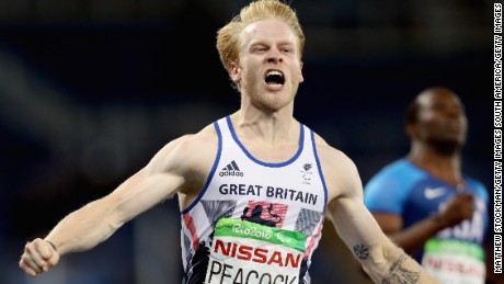 RIO DE JANEIRO, BRAZIL - SEPTEMBER 09:  Jonnie Peacock of Great Britain celebrates after winning the men&#39;s 100 meter T44 on day 2 of the Rio 2016 Paralympic Games at  on September 9, 2016 in Rio de Janeiro, Brazil.  (Photo by Matthew Stockman/Getty Images)