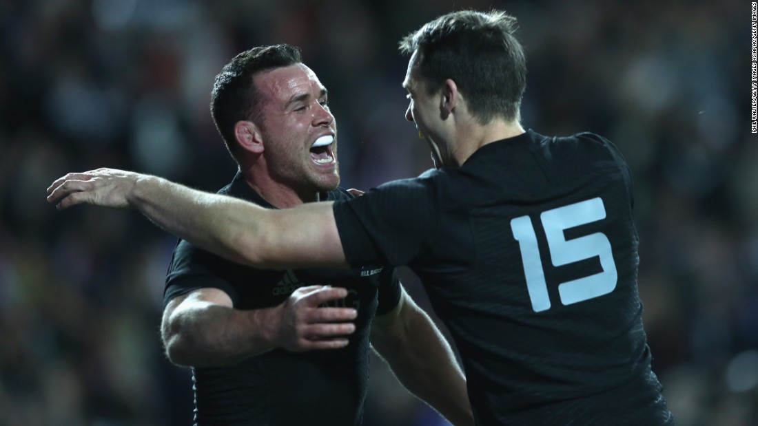 Ryan Crotty of the All Blacks celebrates his try with Ben Smith during the Rugby Championship match between the New Zealand All Blacks and Argentina at Waikato Stadium on September 10, 2016 in Hamilton, New Zealand.