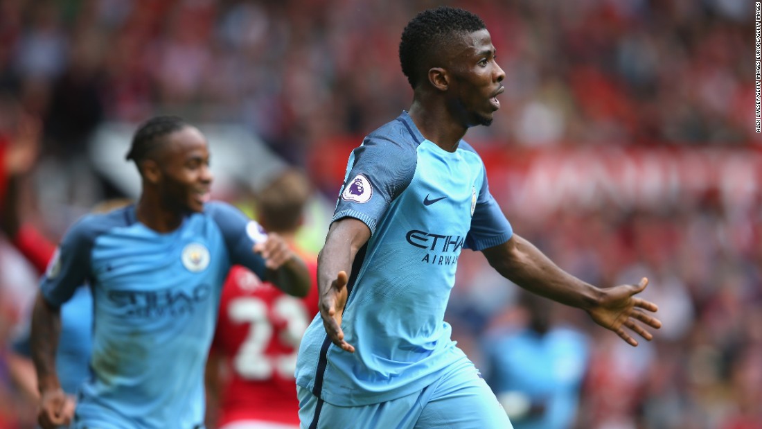  Kelechi Iheanacho of Manchester City celebrates scoring his sides second goal during the Premier League match between Manchester United and Manchester City at Old Trafford on September 10, 2016 in Manchester, England.  