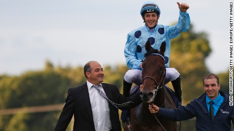 Christophe Soumillon celebrates his winning ride on Almanzor in The Qipco Irish Champion Stakes at Leopardstown.