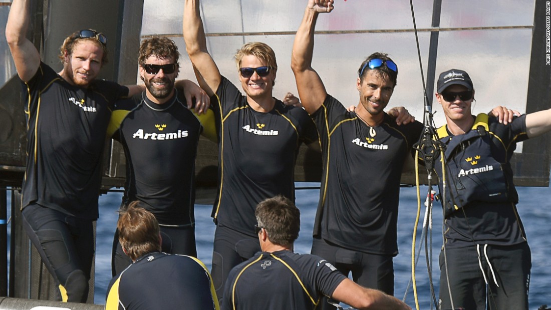 The Artemis crew celebrates its overall victory in the Toulon leg of the the Louis Vuitton America&#39;s Cup World Series. 