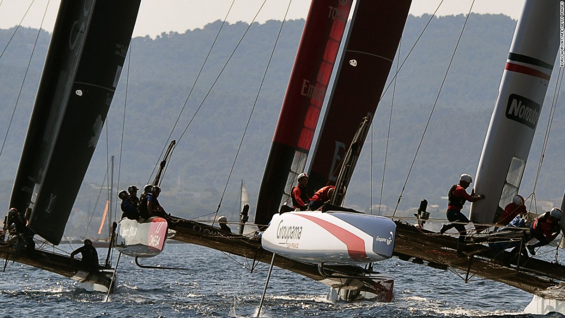 The Japan, New Zealand and French team multihulls battle for position on the second day of the Louis Vuitton America&#39;s Cup World Series. 