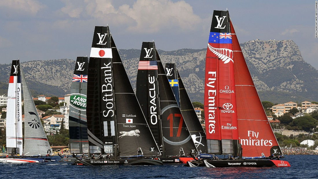 Multihulls France&#39;s Groupama, Great Britain&#39;s Land Rover, Japan&#39;s Softbank, USA&#39;s Oracle, Sweden&#39;s Artemis and New Zealand&#39;s Emirates sail on the first day of competition off Toulon.