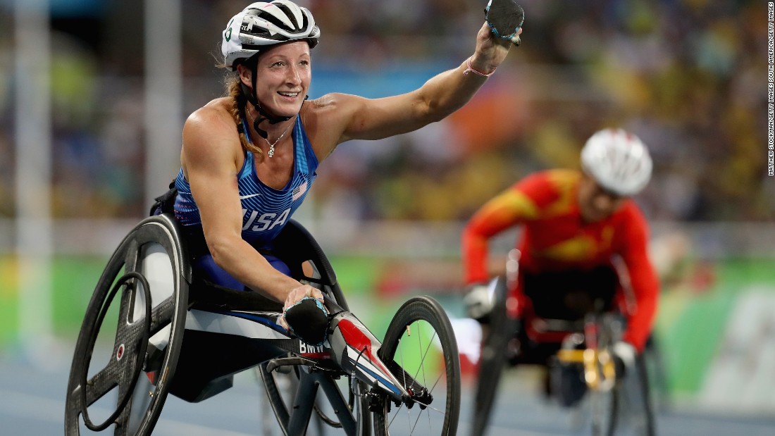 Tatyana McFadden celebrates as she crosses the line to win the women&#39;s T54 400m  final. It&#39;s her second medal of Rio 2016 and the 27-year-old is hoping to add five more.
