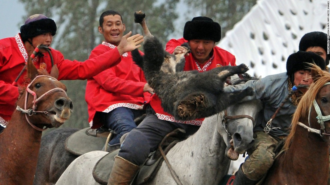 Kok-Boru is a traditional sport where each team has to try to throw a decapitated goat into the opposition&#39;s goal to win a point. Games consist of three 20-minute periods. 