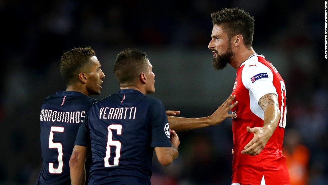 Marco Verratti and Olivier Giroud clash seconds before their red cards as Arsenal came from behind to earn a 1-1 draw at Paris Saint-Germain. 