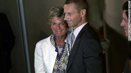 Ceferin poses with Evelina Christillin, elected as UEFA female member on the FIFA Council.
