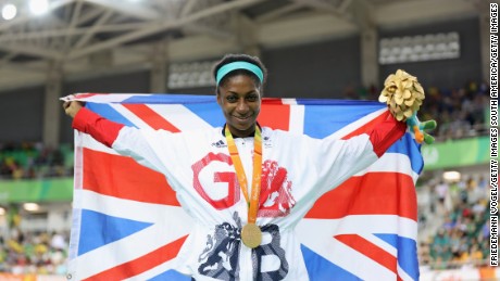 Kadeena Cox celebrates after winning C4-5 500m time trial gold in the velodrome.