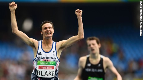 Paul Blake celebrates after winning gold in the T36 400-meter final. 