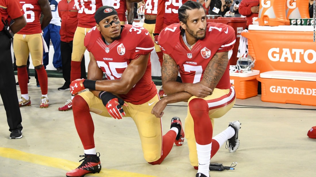 In 2016 Colin Kaepernick ( #7) of the San Francisco 49ers created a storm by refusing to stand for the national anthem before NFL games. He is pictured with teammate Eric Reid (#35) prior to a home game against the Los Angeles Rams on September 12, 2016.