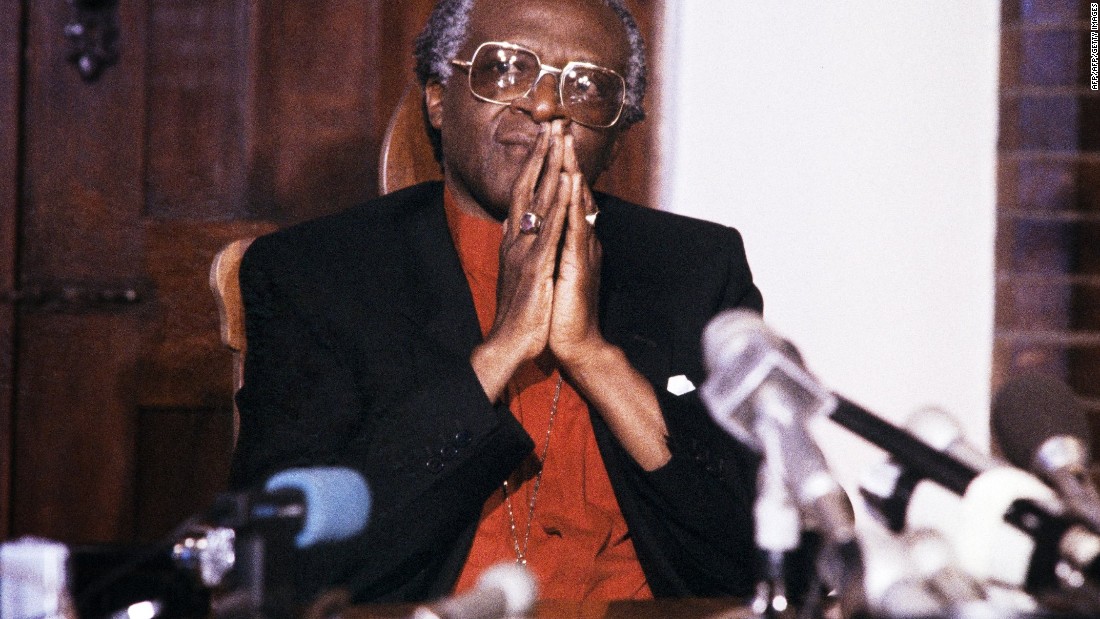 During a 1986 news conference in Johannesburg, Tutu calls for economic sanctions against South Africa to fight the apartheid system of racial segregation. 