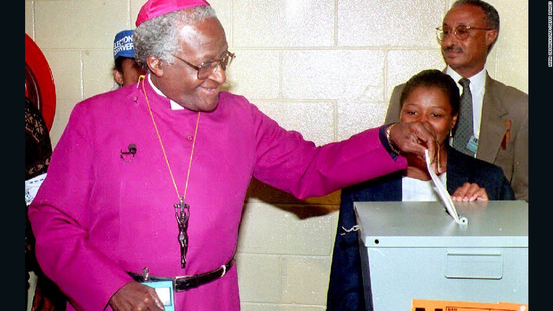 Tutu casts his vote in South Africa&#39;s first election that allowed citizens of all races to vote. &quot;You just want to yell, dance, jump and cry all at the same time,&quot; he said.
