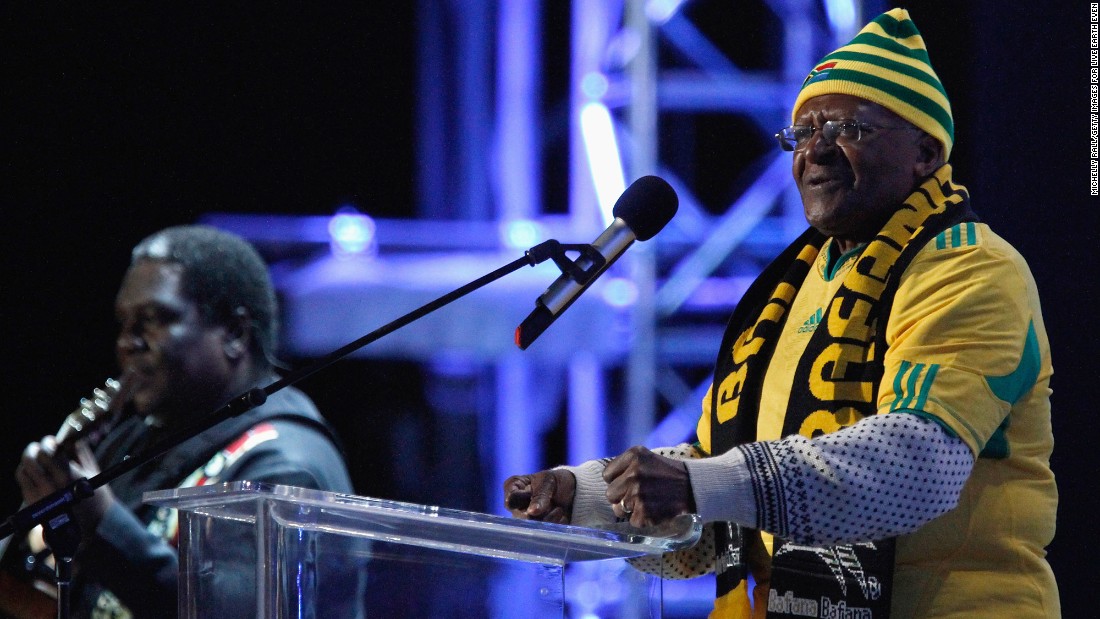 Tutu speaks on stage during a FIFA World Cup celebration concert in 2010. South Africa was hosting the soccer tournament.