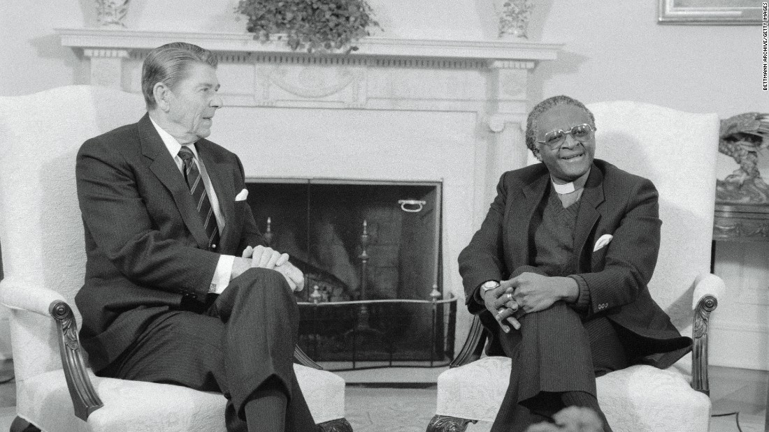 US President Ronald Reagan meets with Tutu in the White House Oval Office in December 1984. Tutu denounced the Reagan administration&#39;s policy toward the South African government as &quot;immoral&quot; and &quot;un-Christian.&quot;