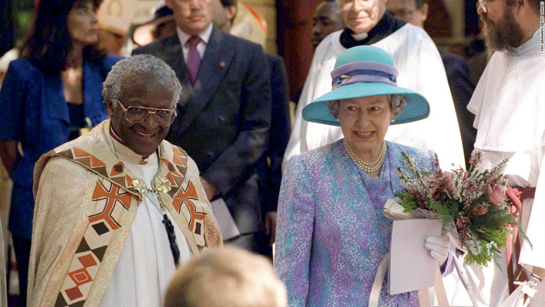 Tutu is seen with Britain&#39;s Queen Elizabeth II as she visited Cape Town in 1995.