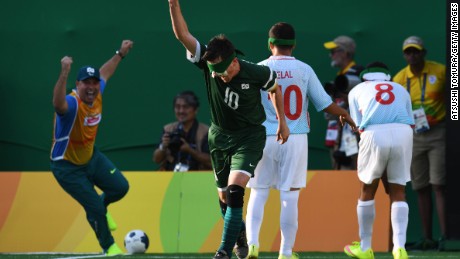 Brazil&#39;s captain Ricardinho celebrates after scoring in the men&#39;s football 5-a-side final against Iran. 