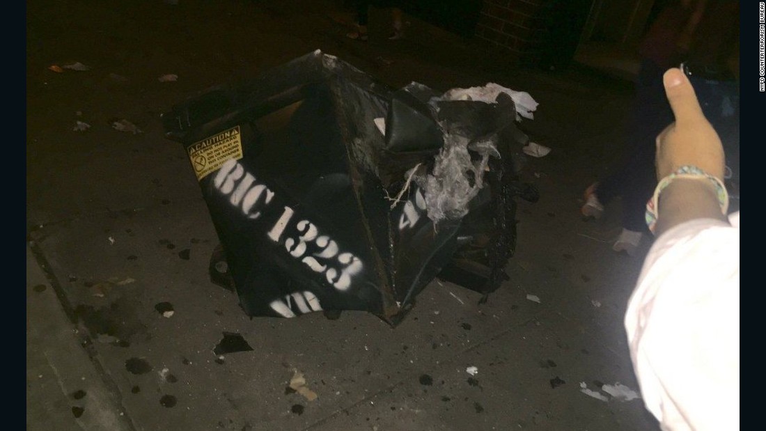 The New York Police Department&#39;s Counterterrorism Bureau tweeted this image of the crumpled dumpster following the explosion in Chelsea.