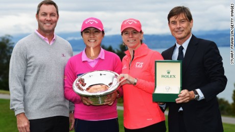 Lydia Ko (second left) receives her award from Annika Sorenstam, flanked by Michael Whan, commissioner of the LPGA and Laurent Delaney of Rolex.