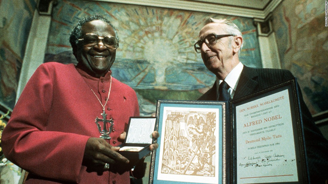 Tutu receives the 1984 Nobel Peace Prize during the annual ceremony in Oslo, Norway.