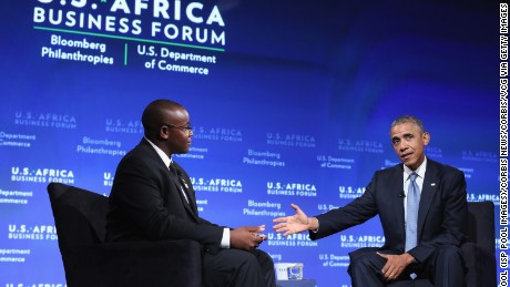 President Barack Obama with Takunda Ralph Michael Chingonzo of Zimbabwe during the inaugural U.S.-Africa Business Forum, in 2014.