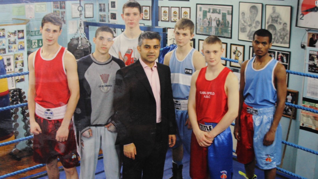 Sadiq Khan (middle) still regularly visits Earlsfield ABC, where his brothers and nephews are fixtures. This photo of Khan with young prospects hangs on the wall of the club. 