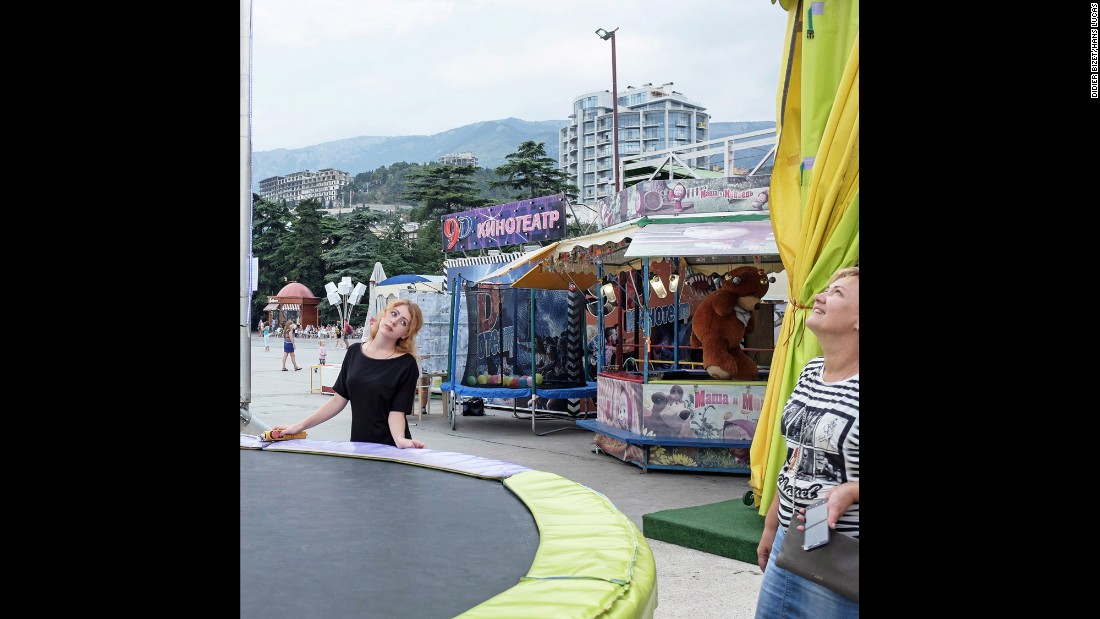 Booths are set up at a fair on Yalta&#39;s Lenin Promenade.