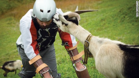 Goat man Thomas Thwaites bonds with an actual goat in the Alps.