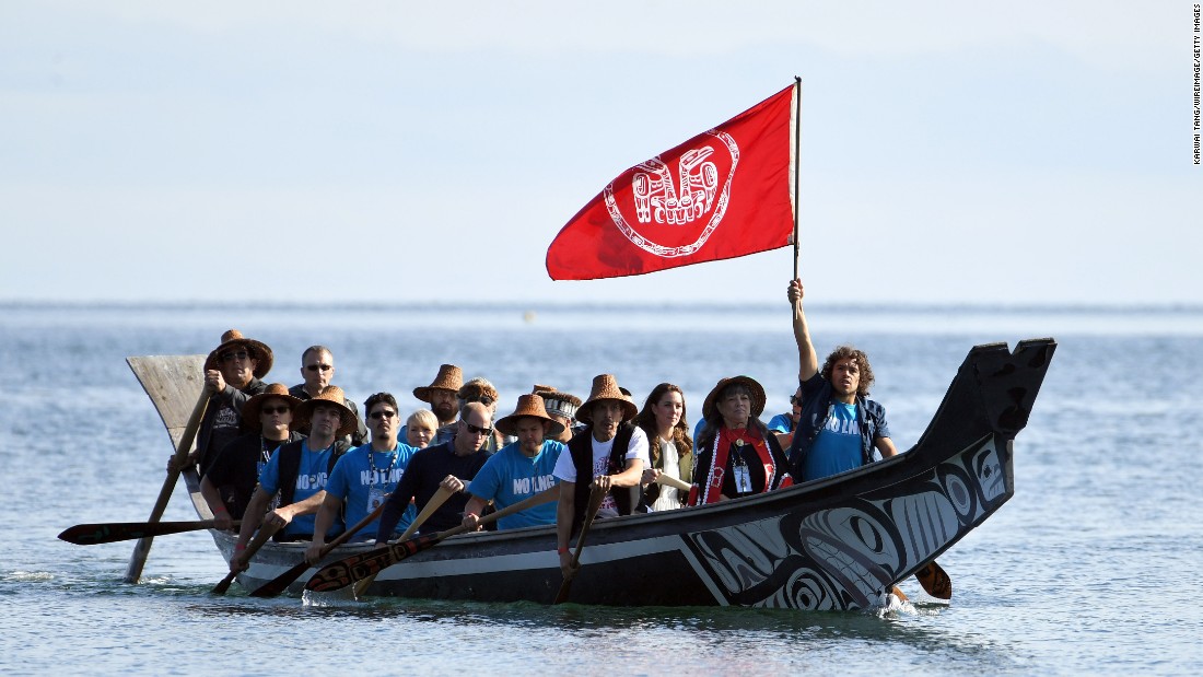 William, Catherine and others arrive at the Haida Heritage Centre and Museum in a traditional boat on September 30 in Haida Gwaii, British Columbia, Canada. 