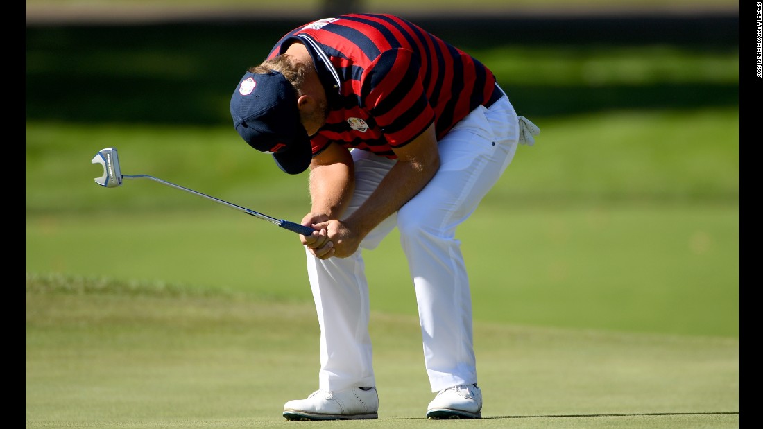 Ryan Moore of the United States reacts to a missed putt on the fourth green during afternoon fourball matches. 