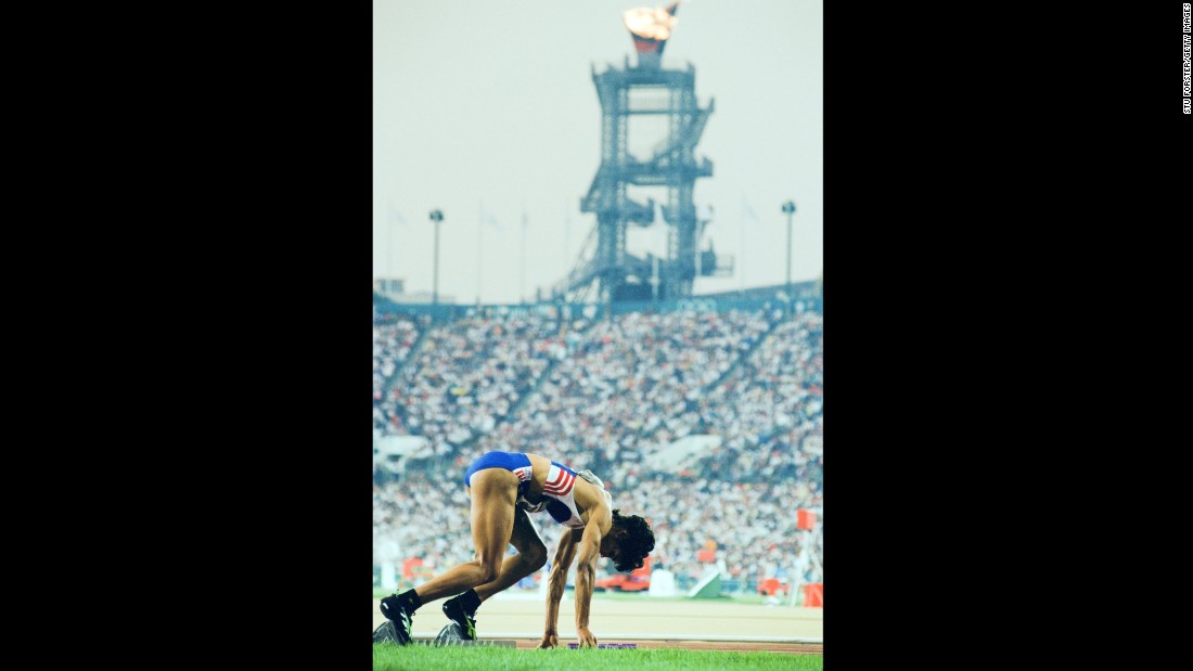 Phylis Smith of Great Britain at the start of the Women&#39;s 4x400m relay at the 1996 Games&#39; Centennial Olympic Stadium, which became Turner Field. 